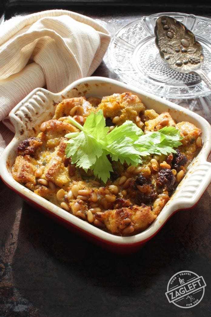 Sausage dressing in a mini baking dish