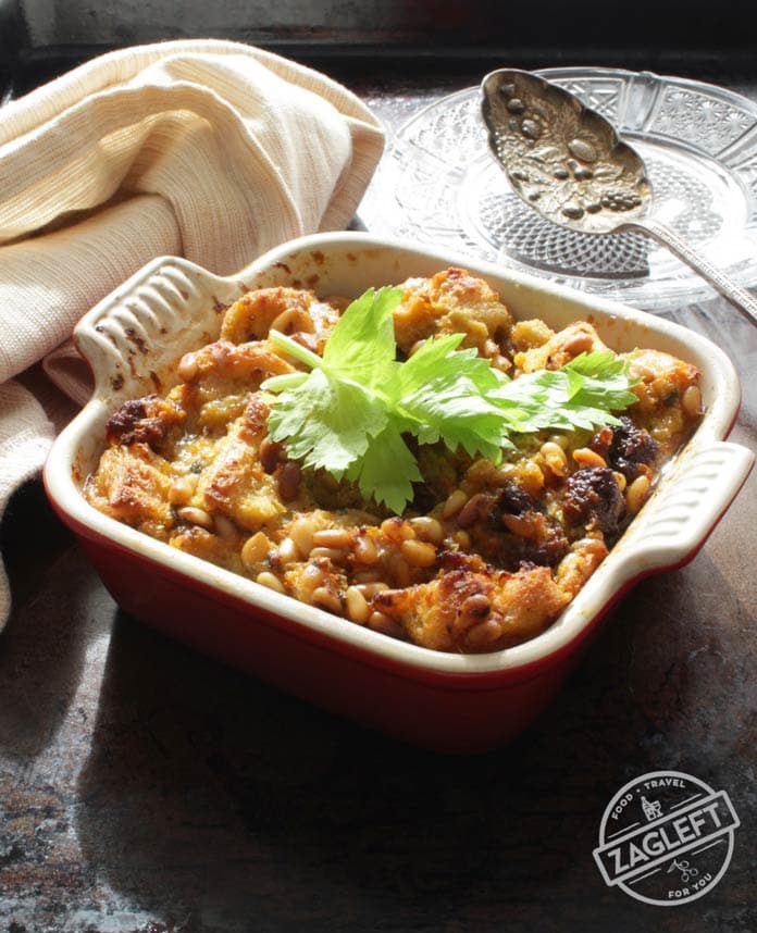 Sausage dressing in a mini baking dish