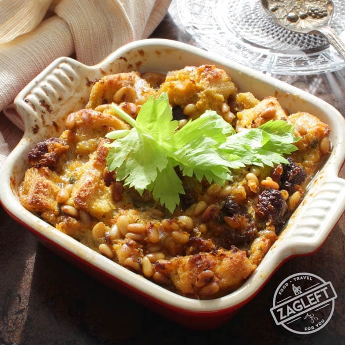 Sausage dressing in a mini baking dish
