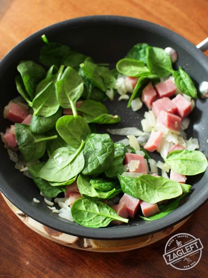 Ham, spinach, and onions in a fry pan