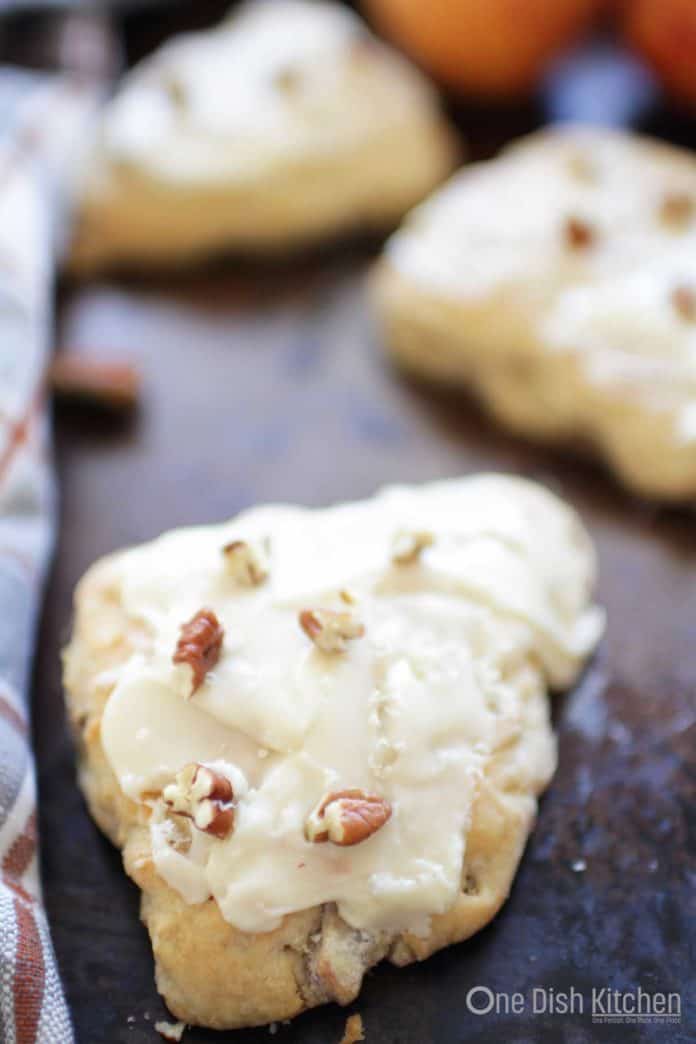 apple scones on a baking sheet | one dish kitchen