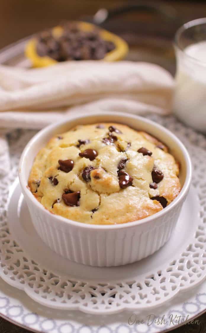 chocolate chip muffin baked in a ramekin | chocolate chip muffin recipe | one dish kitchen