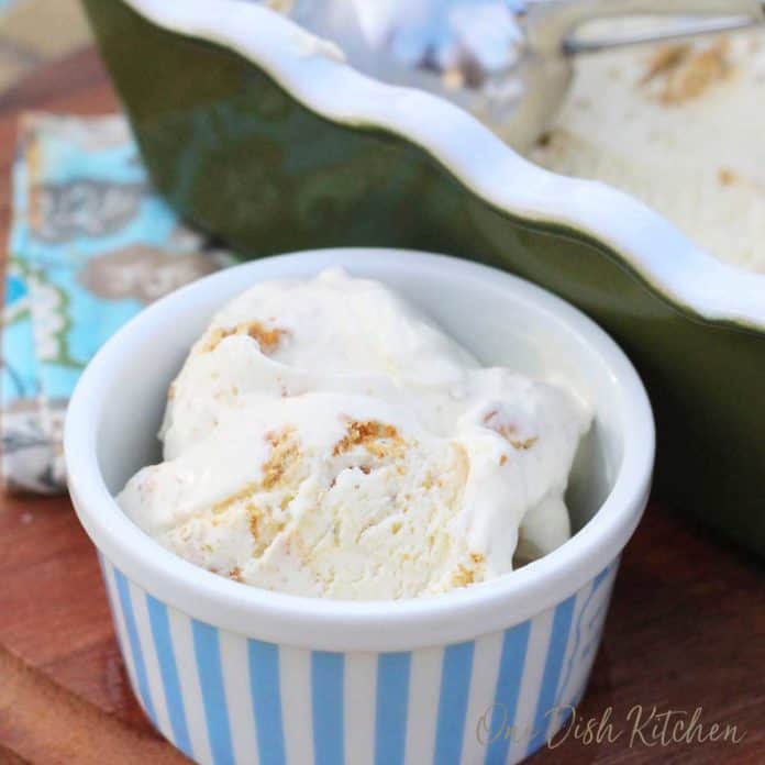 a bowl of key lime pie ice cream next to the container on a table near a swimming pool | one dish kitchen