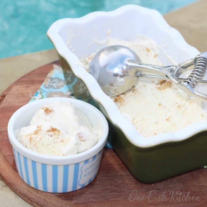 scooping out lime ice cream into an ice cream dish | one dish kitchen