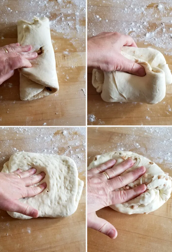 four photos showing how to add sugar to sourdough dutch sugar bread