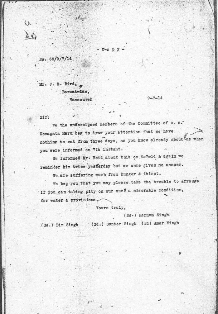 Letter from the passengers of the Komagata Maru to their lawyer J. Edward Bird