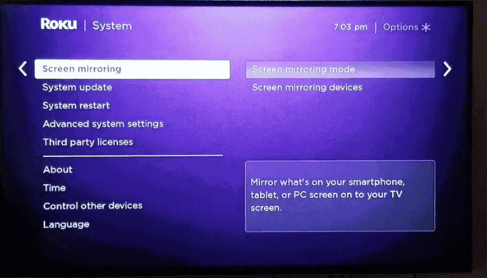 roku mirror option