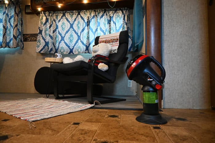 The Little Buddy propane heater uses no electricity and can be used inside an RV, van, or tent Mr. Heater Little Buddy Heater inside an RV