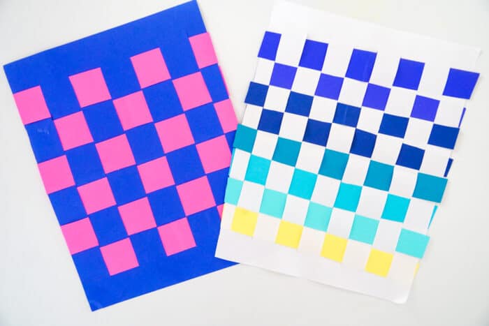 Kids Paper Crafts - Paper Weaving  by Made with Happy (pink and blue paper woven together along with white and blue, teal, yellow paper woven together)