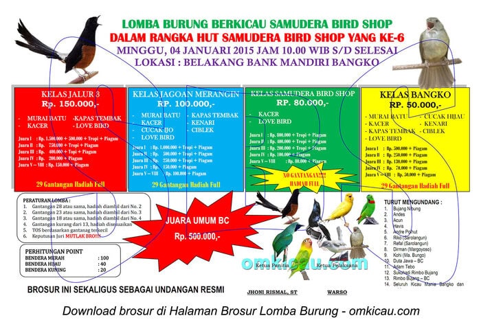 Brosur Lomba Burung Berkicau Samudera Bird Shop, Bangko, 4 Januari 2015
