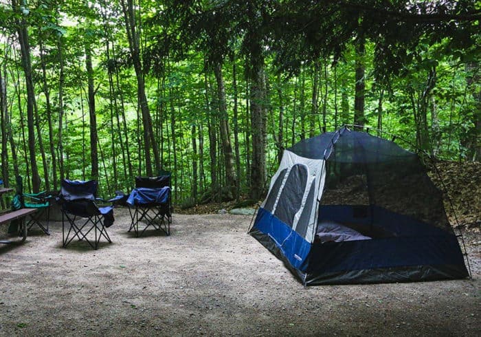 The Coleman pop up screen tent takes a little longer to set up but its metal frame makes it sturdy. Pop up screen tent set up in a forest
