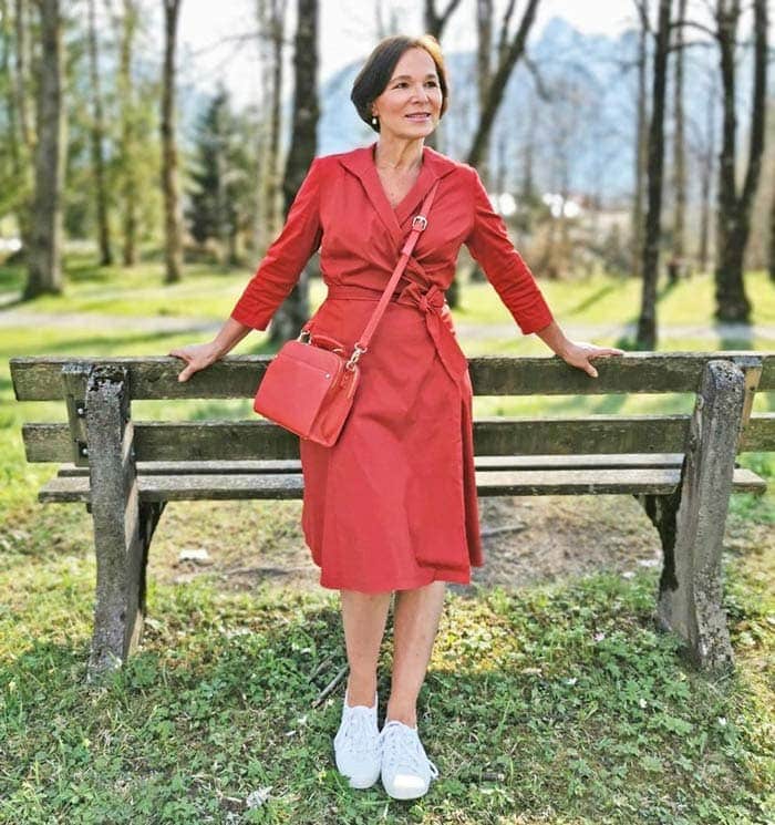 red midi dress with sneakers | 40plusstyle.com