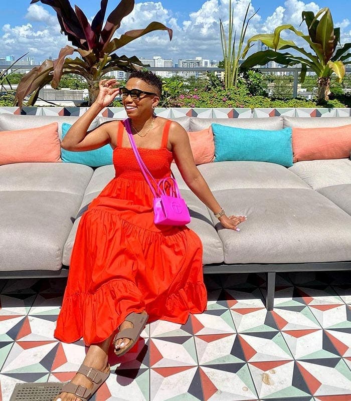 Picnic outfits - Psyche in a tiered sundress | 40plusstyle.com