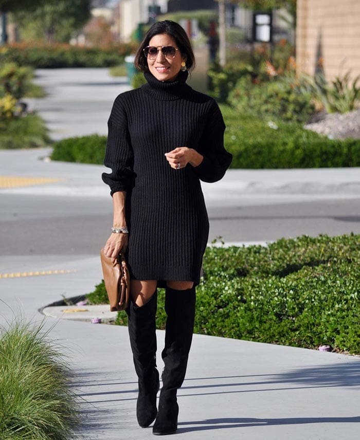 New Year's Eve outfits - Adaline in a sweater dress and boots | 40plusstyle.com
