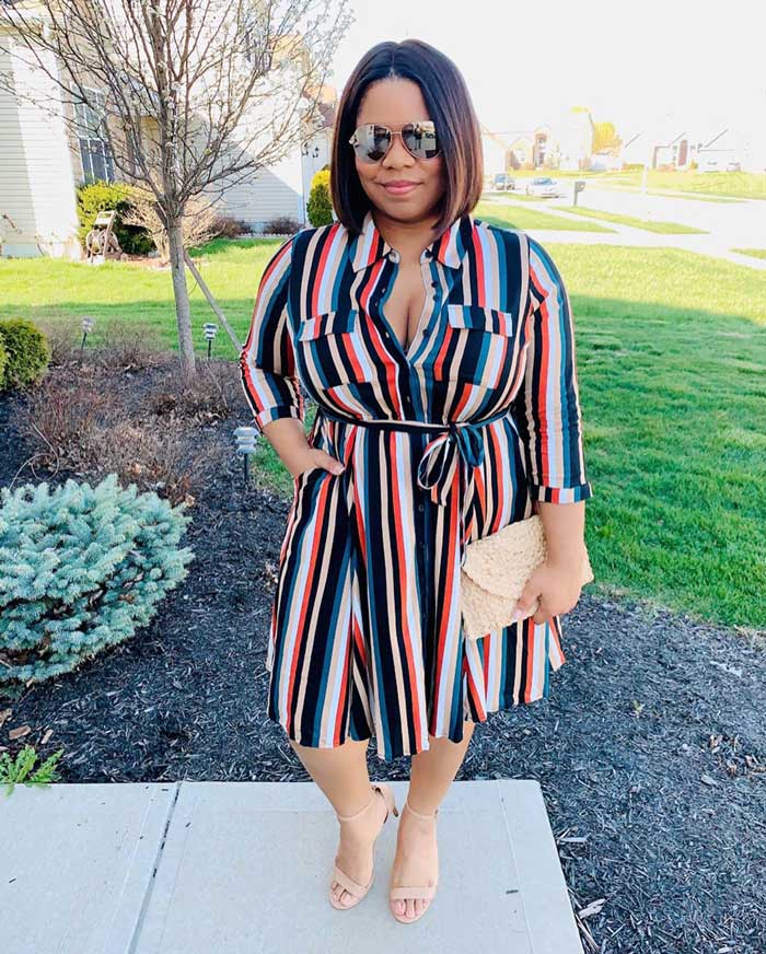 flattering stripe belted dress to hide a belly | 40plusstyle.com