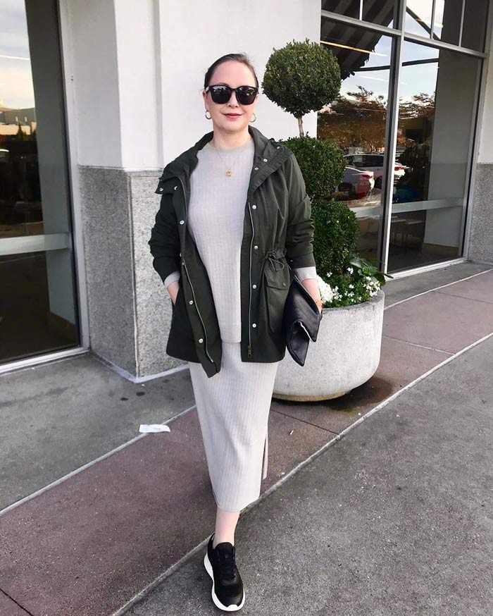 grey and olive green outfit