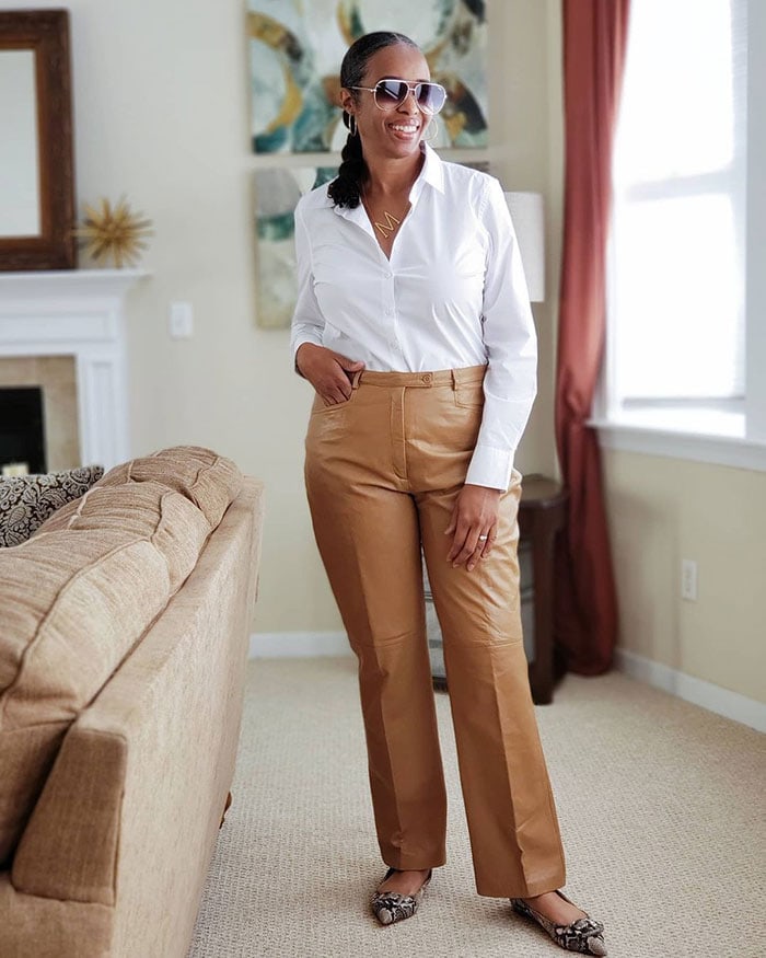 Mo wears a edgy outfit that would be perfect for the natural style personality | 40plusstyle.com