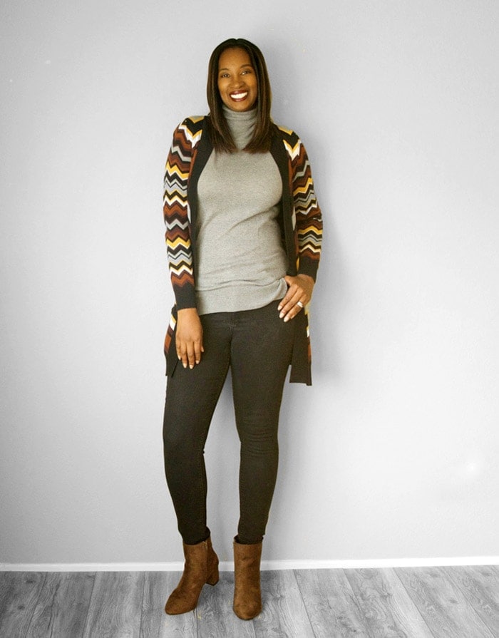Tanasha wearing a longline cardigan, sweater, jeans and boots | 40plusstyle.com