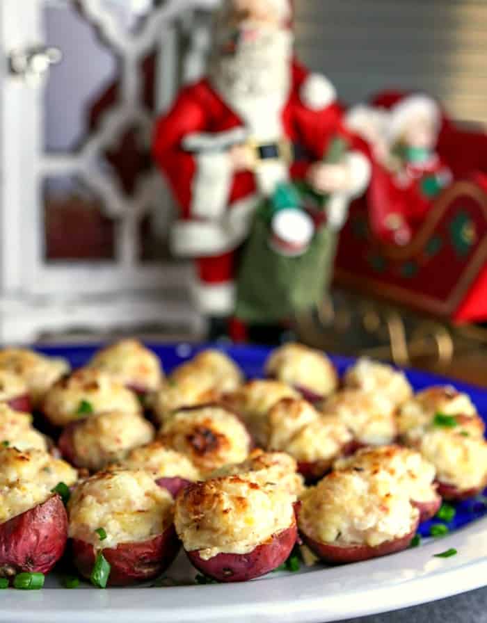 A close up of a plate of Ham and Cheese Potato Bites