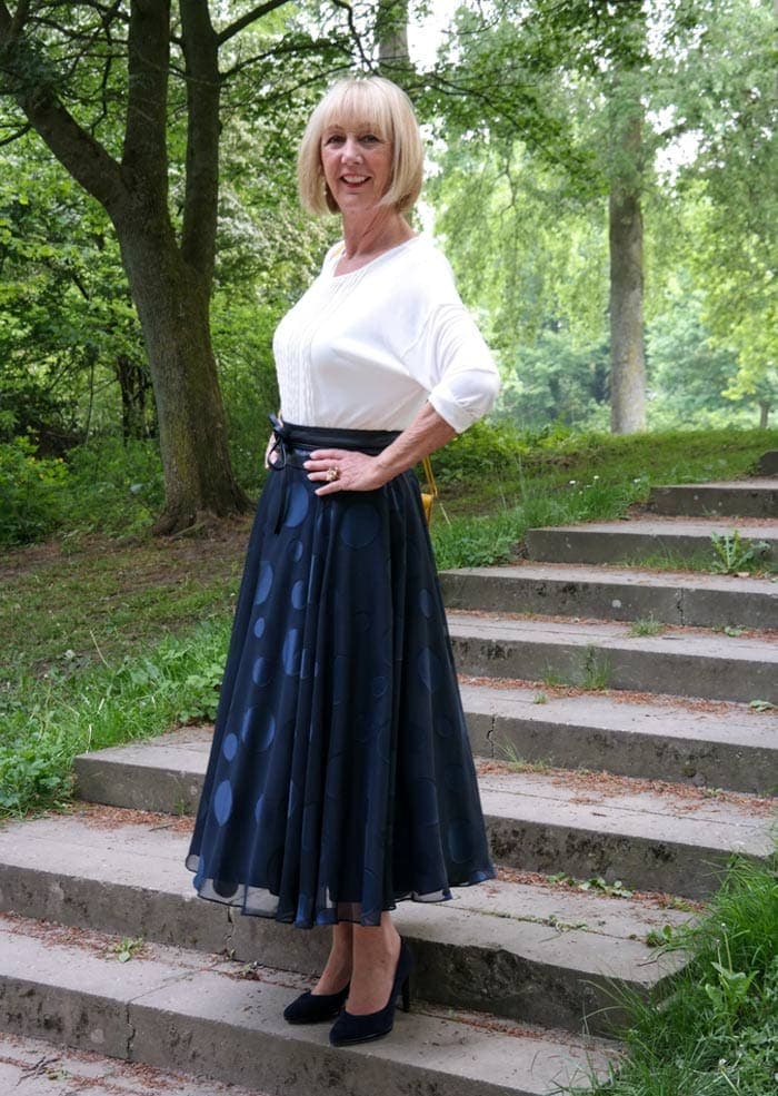 navy blue skirt and white top