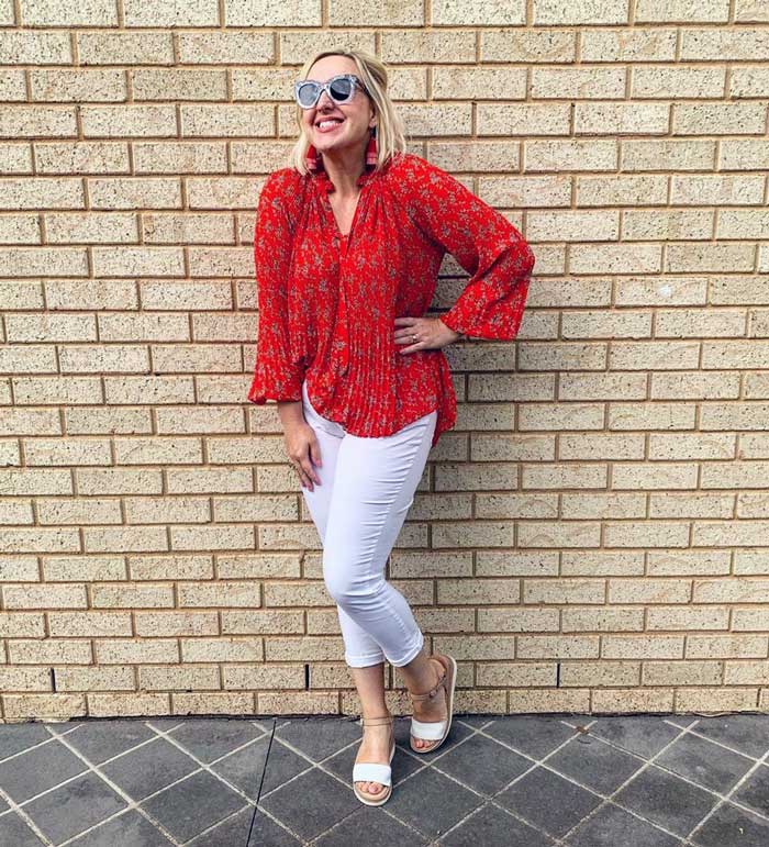 patterned red top to hide a belly | 40plusstyle.com