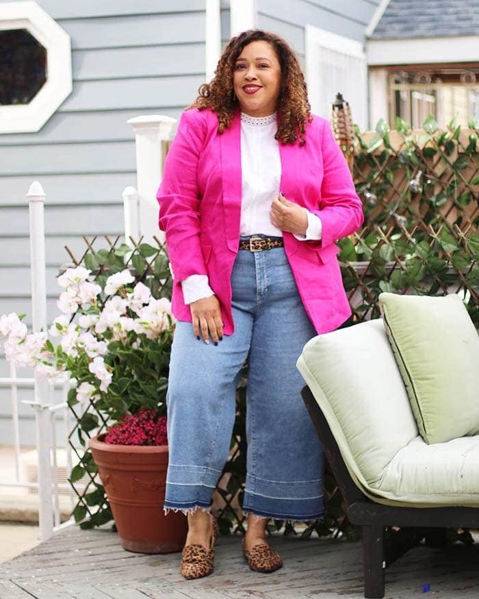 Wide leg jeans, blazer, mock neck blouse and loafers | 40plusstyle.com