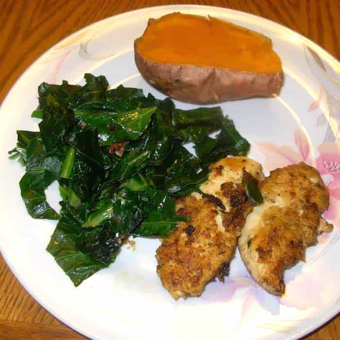 This chicken and collards recipe is low fat and full of flavor.