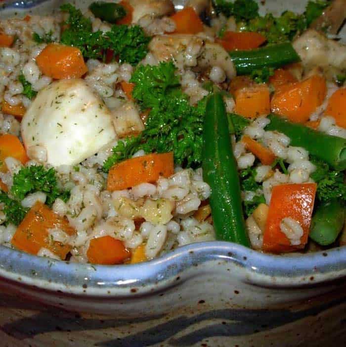 French Barley Salad, served in a beautiful pot made by Elizabeth Krome.