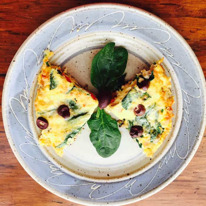 Spinach Red Pepper Frittata with Smoked Salmon and Olives Garnish