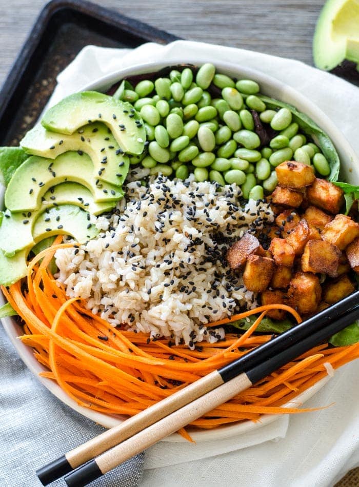 Healthy Sriracha Baked Tofu Brown Rice Bowls | vegan poke, gluten-free