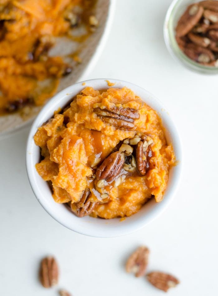 Coconut Mashed Sweet Potatoes with Maple Pecan Sauce