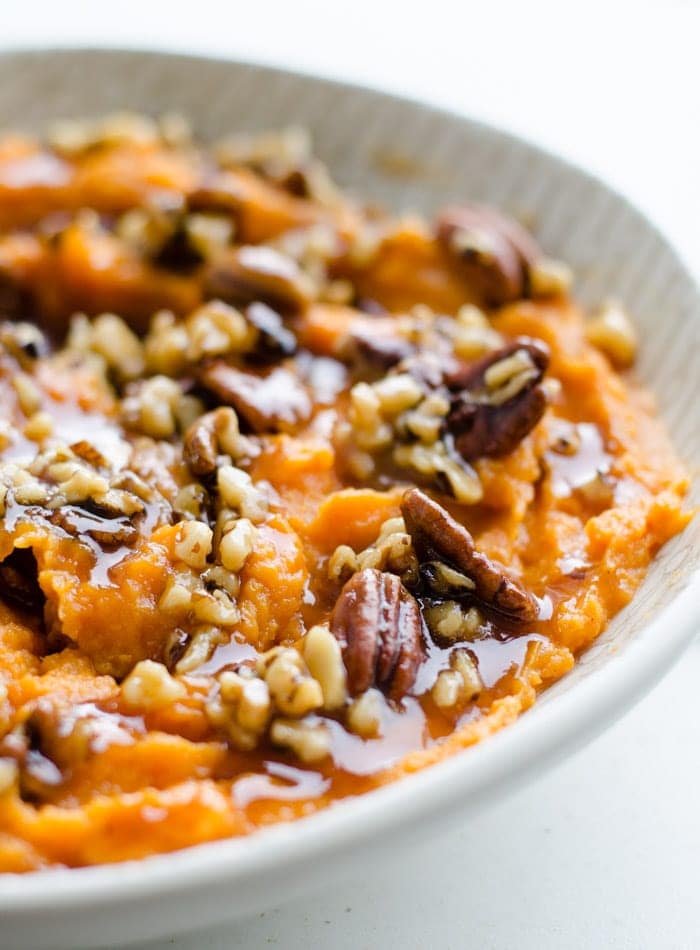 Coconut Mashed Sweet Potatoes with Maple Pecan Sauce