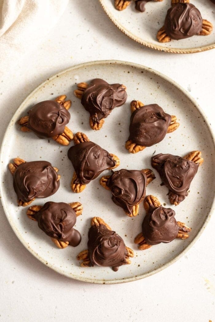 Homemade chocolate vegan turtles on a plate.