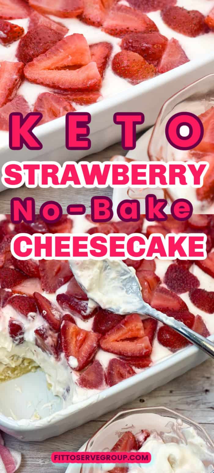 Keto strawberry no bake cheesecake made in a large pan being served