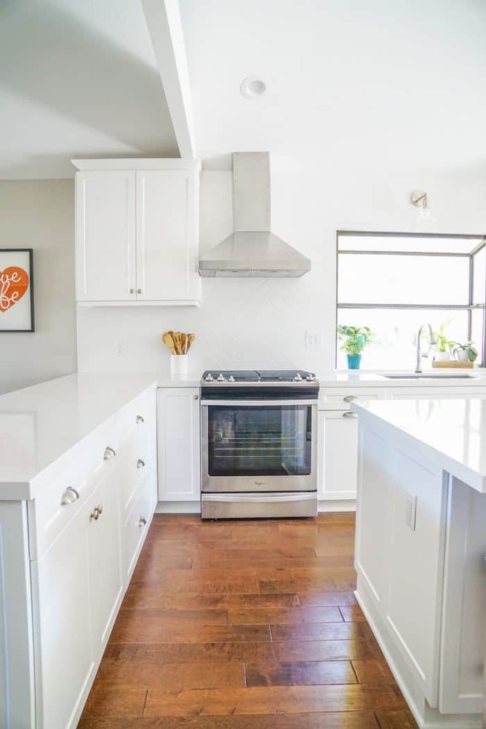 All White Kitchen with harringbone white backsplash. Kitchen renovation. Classic White Kitchen, Modern Farmhouse Style Kitchen. All White Kitchen.
