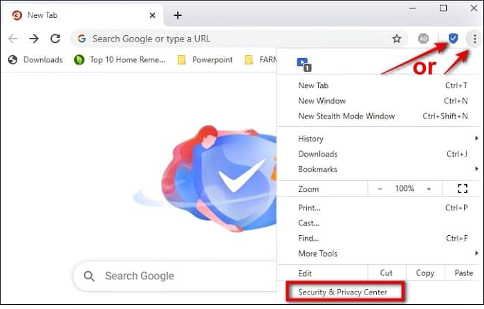 ccleaner browser security and privacy center button