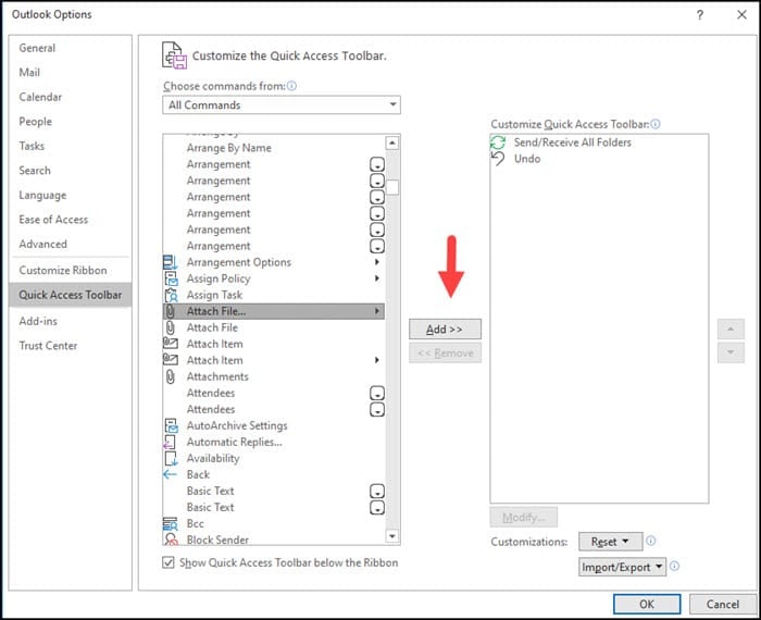 Highlighting Attach File... command to add to Quick Access toolbar.