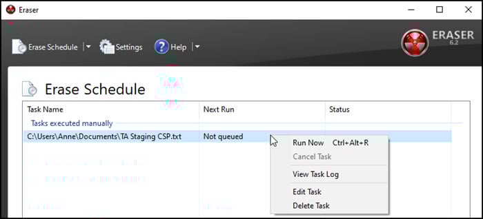Right-clicking task to get menu.