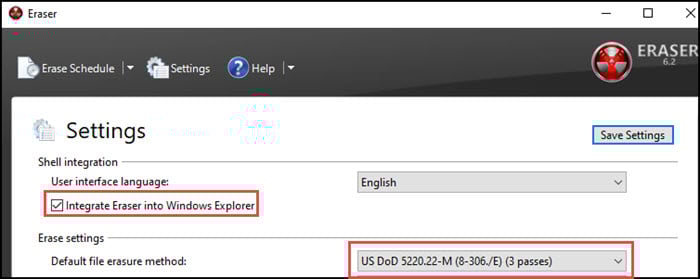 Eraser setting changes highlighted.