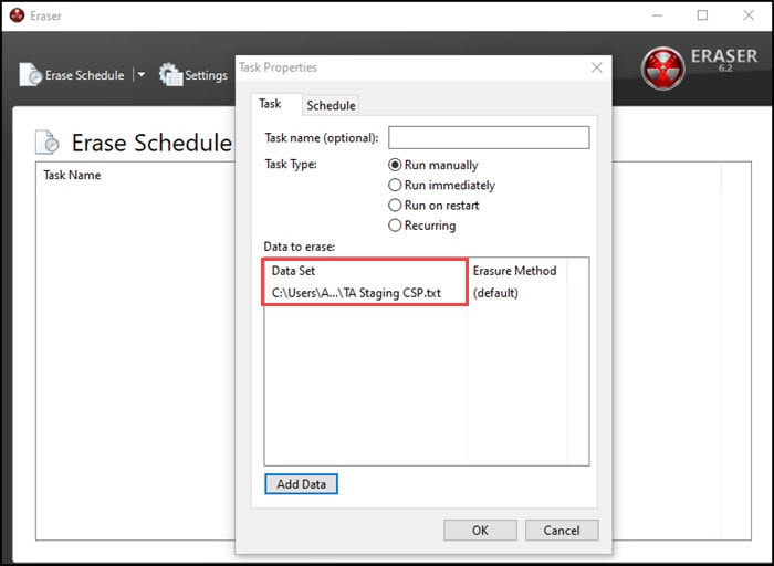 Task Properties with selected file in data set.