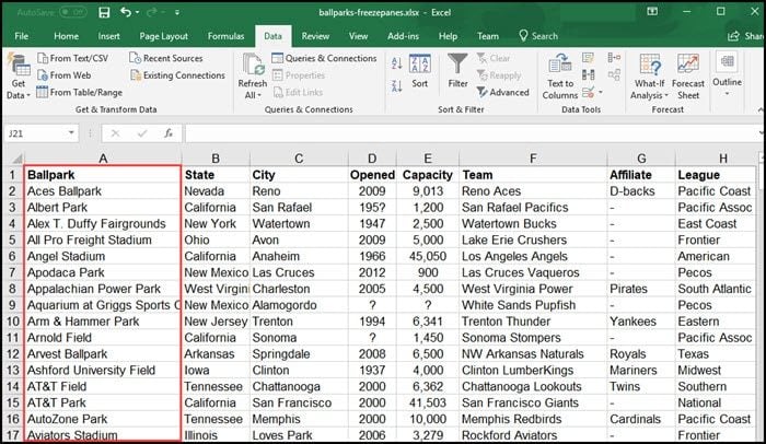 Freezing the first Excel column.