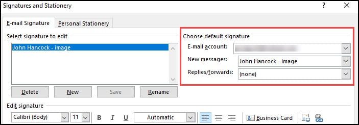 Choosing default signature options.