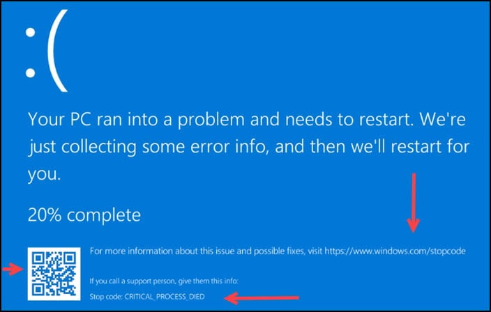 Windows error message with QR code.