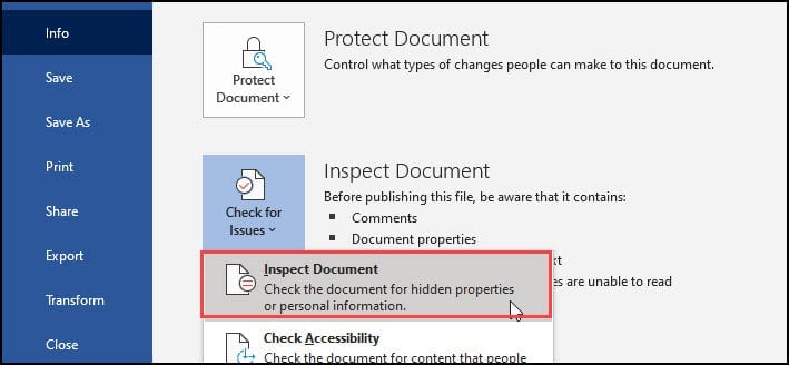 Word Info panel with Inspect Document highlighted.