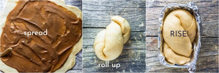 process shots of spreading apple butter on the babka dough, twisting the babka into shape, and the risen babka in a bread loaf pan