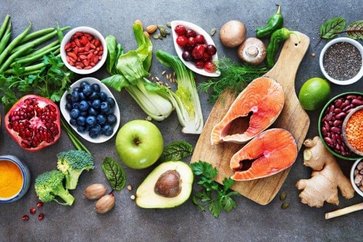 healthy food of fruits, vegetables, and seafood