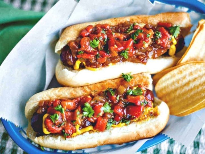New York Style Hot Dog with Onion Sauce and Red Pepper Relish