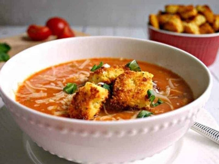 Creamy Tomato Soup with Peppery Parmesan Cornbread Croutons