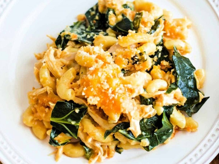 macaroni cheese casserole with chicken and collard greens