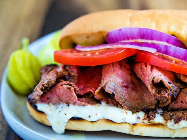 steak sandwich on a hoagie bun